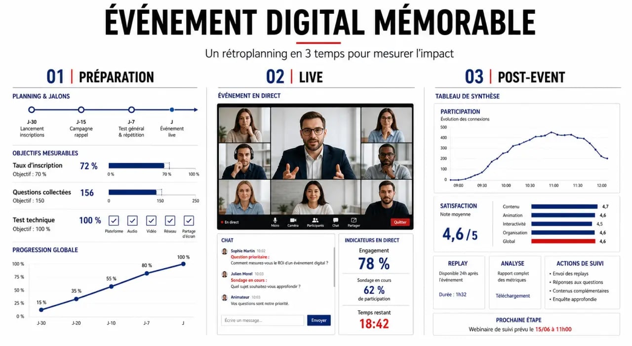 Comment organiser un événement professionnel digital mémorable en entreprise : rétroplanning, animation live et suivi post-event dans une composition éditoriale sobre