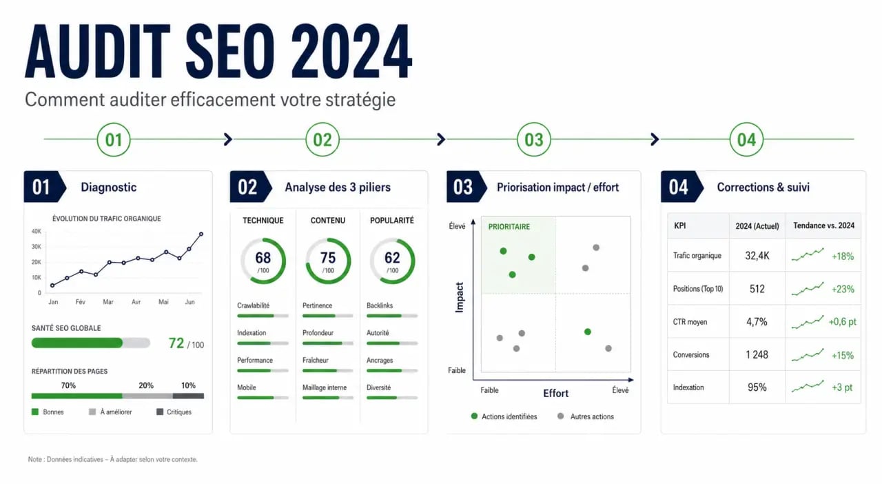 Comment auditer efficacement votre stratégie SEO en 2024 avec un schéma des étapes d’audit SEO