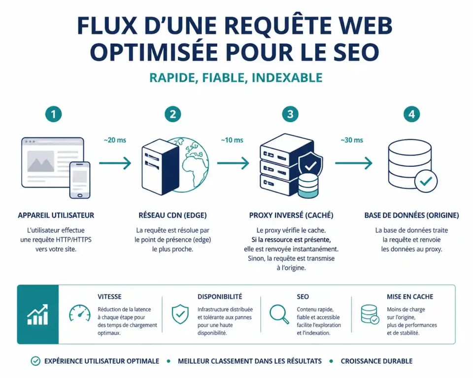 Schéma d'architecture réseau optimisé pour le SEO montrant le flux d'une requête à travers un CDN et un cache serveur