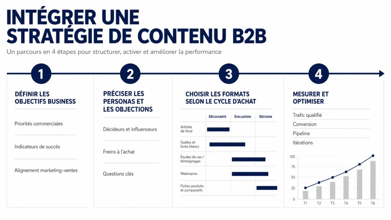 Comment intégrer une stratégie de contenu efficace pour le B2B : schéma des étapes clés de la stratégie