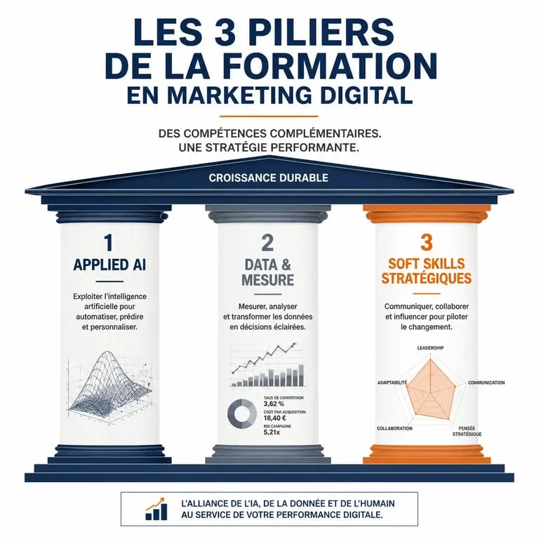 Infographie des trois piliers de compétences pour la formation continue en marketing digital