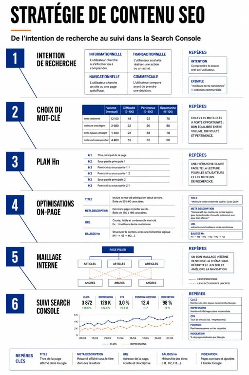 Comment optimiser sa stratégie de contenu pour le SEO avec une infographie sur l’intention, la structure Hn et l’indexation