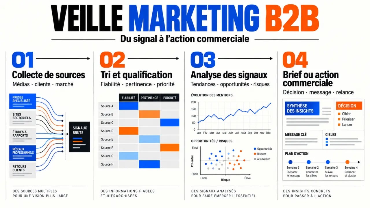 Workflow visuel des sources de veille B2B, de la collecte à l’action marketing